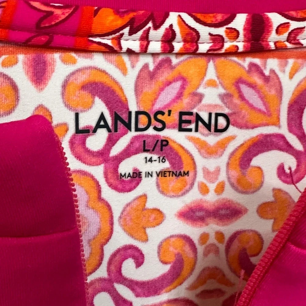 Lands End Womens L Petite Pink Orange Floral Rash Guard Swim Tunic Quarter Zip